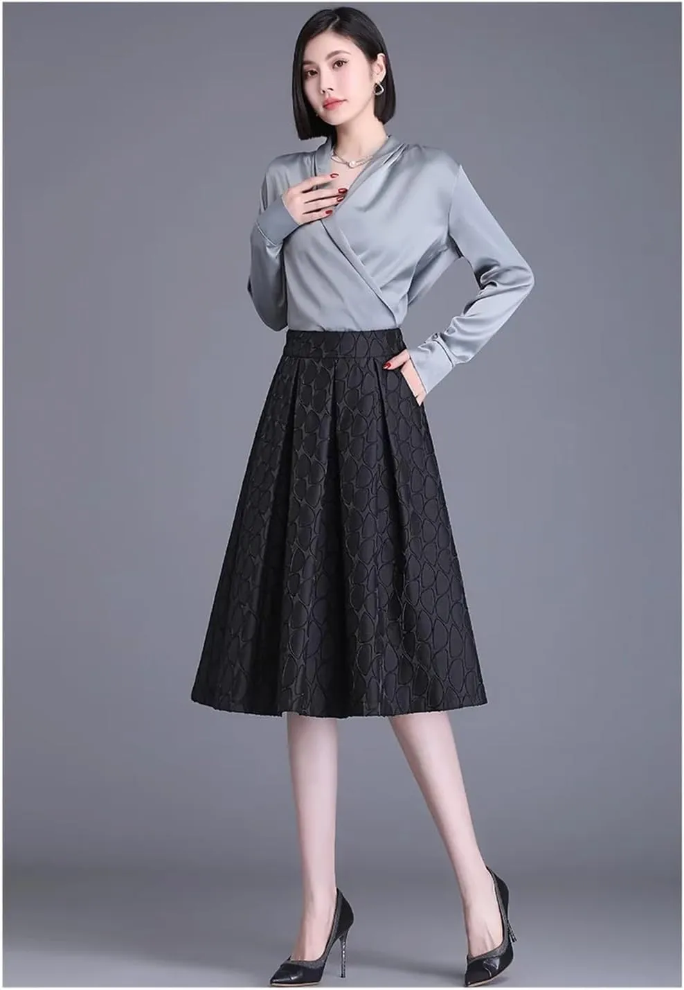 Bollrllr Women's Retro Pleated High Waist A-Line Skirt Spring Office Midi-Length Zipper Black Skirt