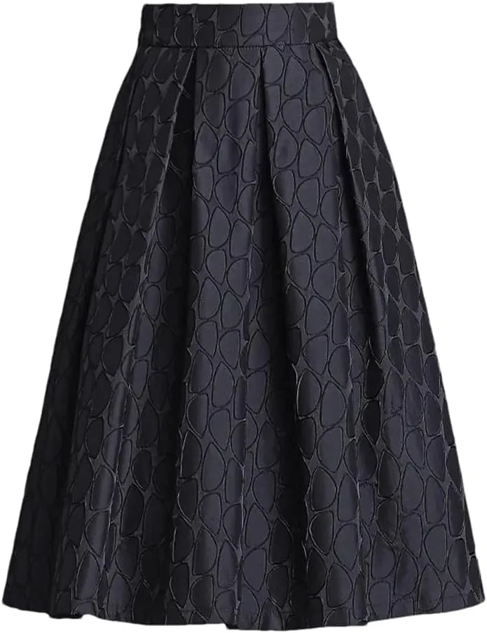 Bollrllr Women's Retro Pleated High Waist A-Line Skirt Spring Office Midi-Length Zipper Black Skirt