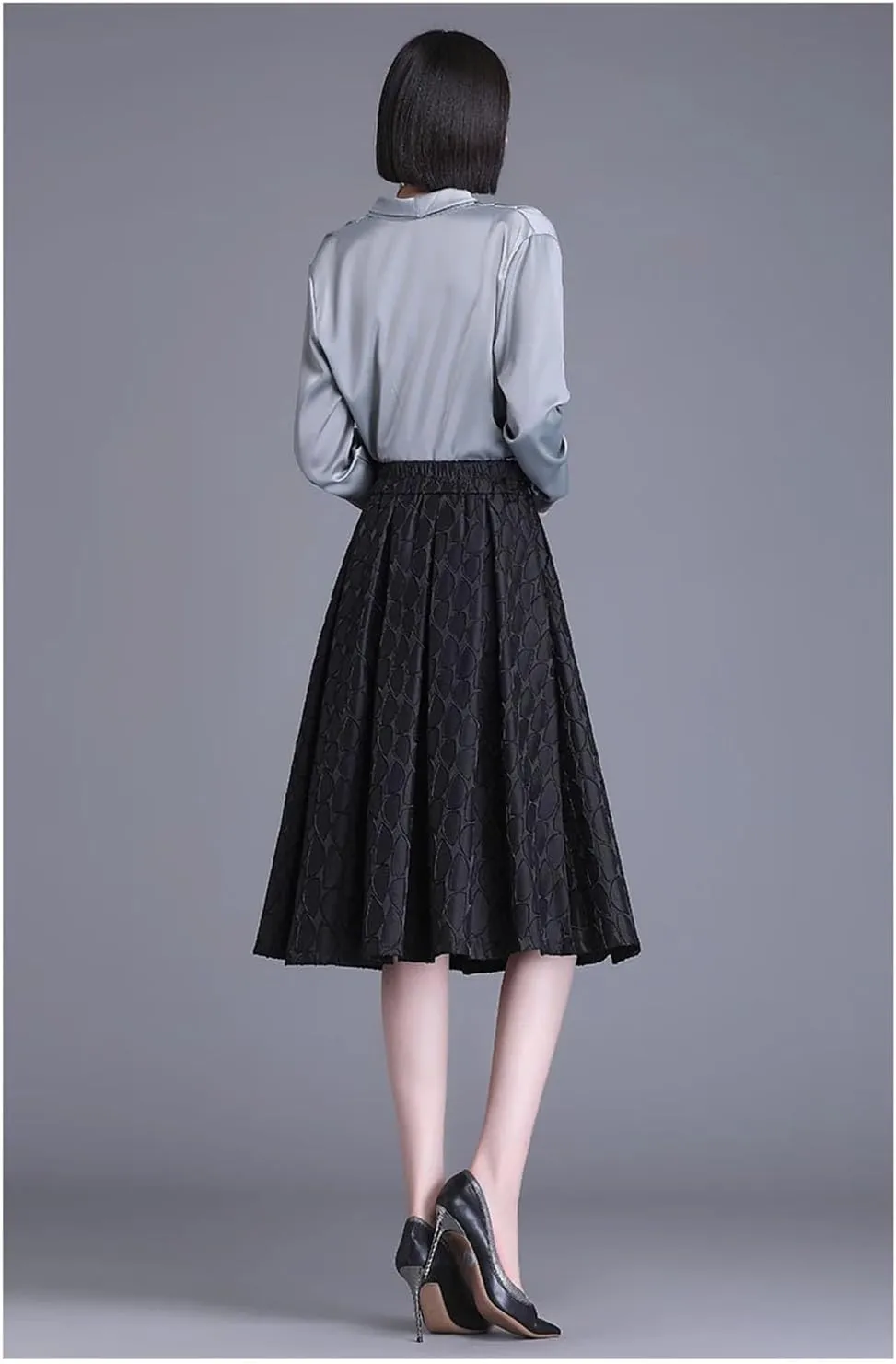 Bollrllr Women's Retro Pleated High Waist A-Line Skirt Spring Office Midi-Length Zipper Black Skirt