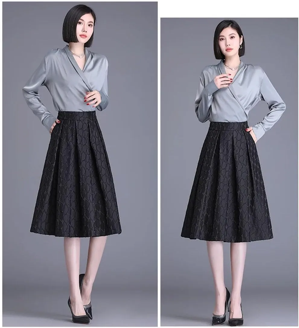 Bollrllr Women's Retro Pleated High Waist A-Line Skirt Spring Office Midi-Length Zipper Black Skirt