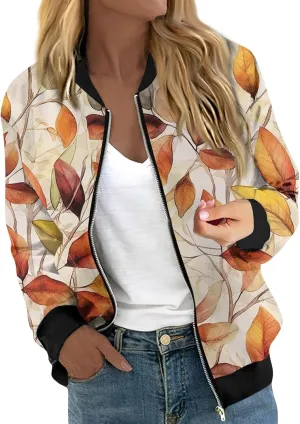 Bomber Jacket Coats for Women Causal Zip Up Long Sleeve Stand Collar Jackets 2024 Fall Lightweight Outerwear