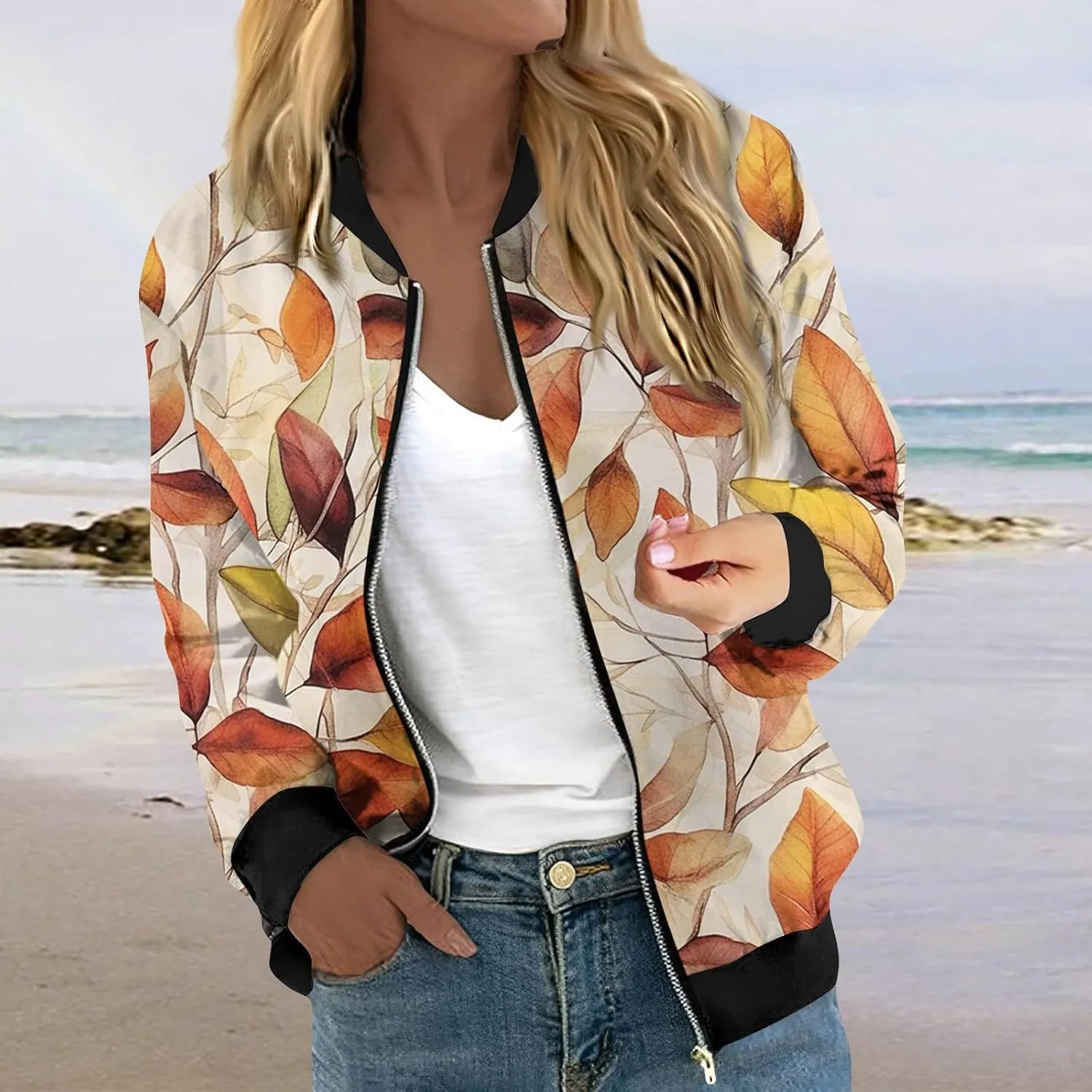 Bomber Jacket Coats for Women Causal Zip Up Long Sleeve Stand Collar Jackets 2024 Fall Lightweight Outerwear