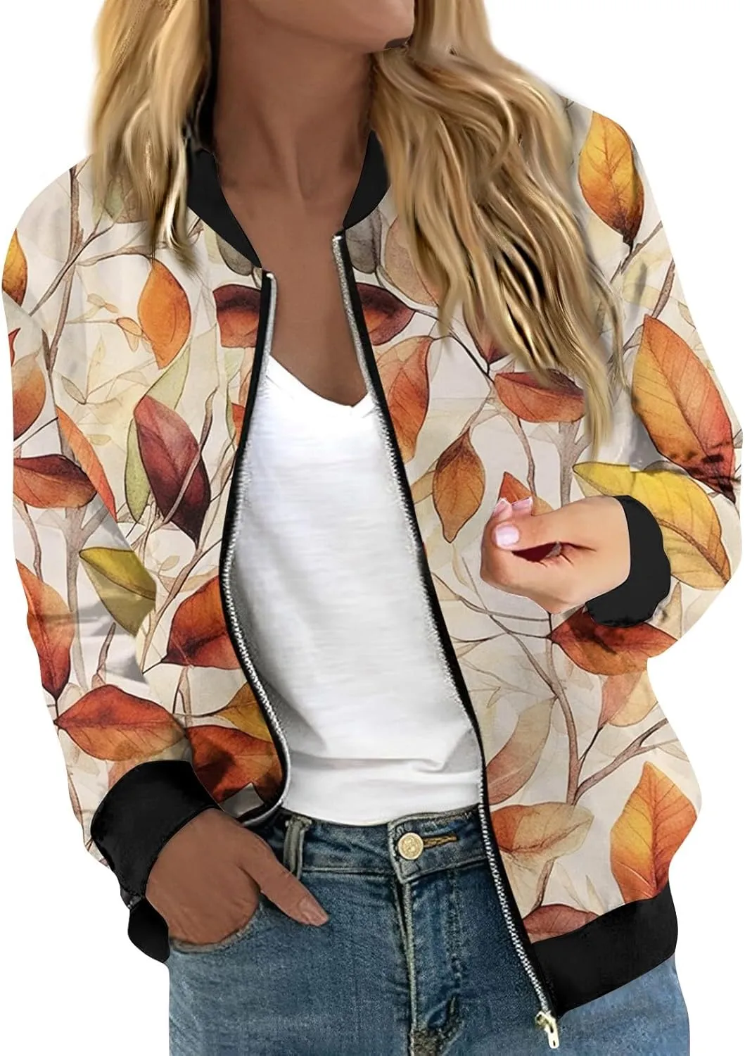 Bomber Jacket Coats for Women Causal Zip Up Long Sleeve Stand Collar Jackets 2024 Fall Lightweight Outerwear