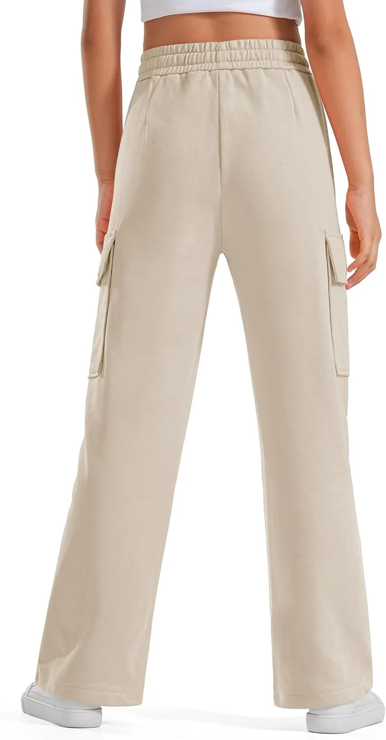 BOOPH Girls Sweatpants Kids Drawstring Cargo Pants Teen Girls Wide Leg Joggers Pants with Pockets