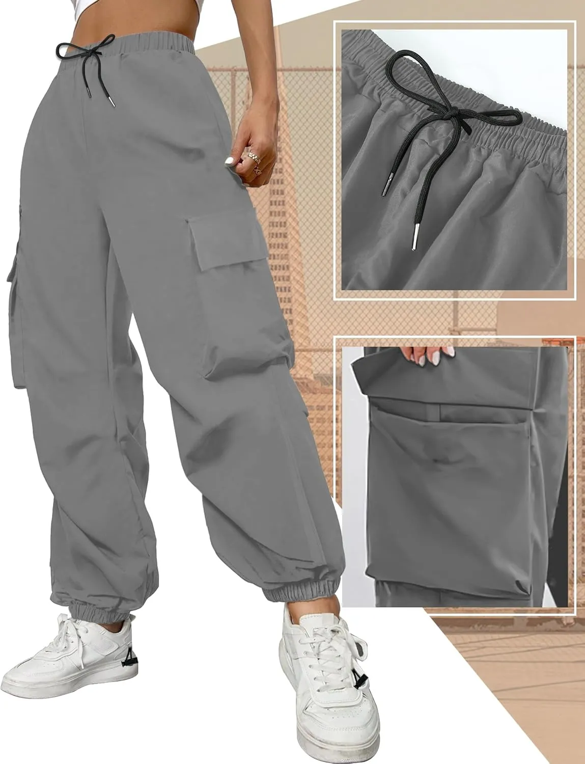 Buauty Womens Cargo Pants, Black Baggy Parachute Pants with Pockets Trendy Cargo Sweatpants Joggers for Women, Y2k Pants