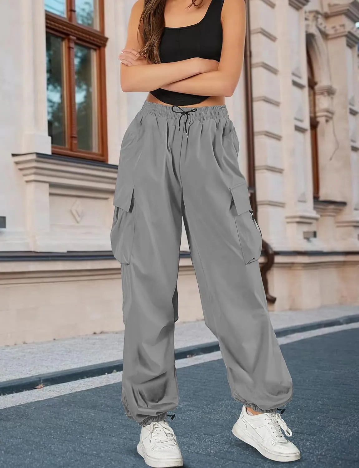 Buauty Womens Cargo Pants, Black Baggy Parachute Pants with Pockets Trendy Cargo Sweatpants Joggers for Women, Y2k Pants