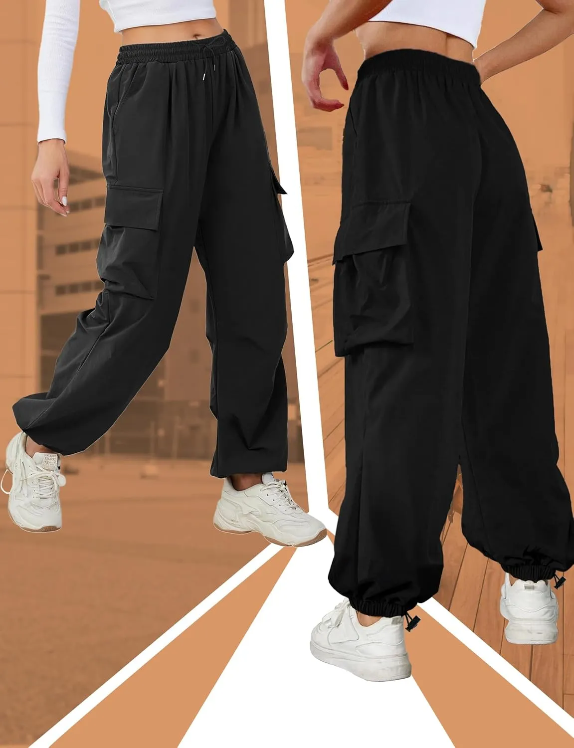 Buauty Womens Cargo Pants, Black Baggy Parachute Pants with Pockets Trendy Cargo Sweatpants Joggers for Women, Y2k Pants
