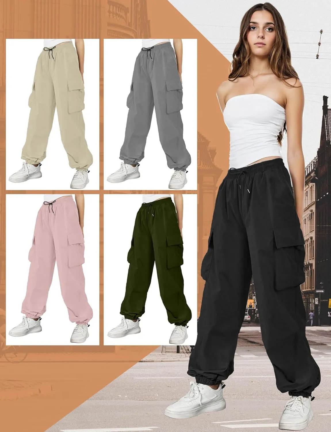 Buauty Womens Cargo Pants, Black Baggy Parachute Pants with Pockets Trendy Cargo Sweatpants Joggers for Women, Y2k Pants
