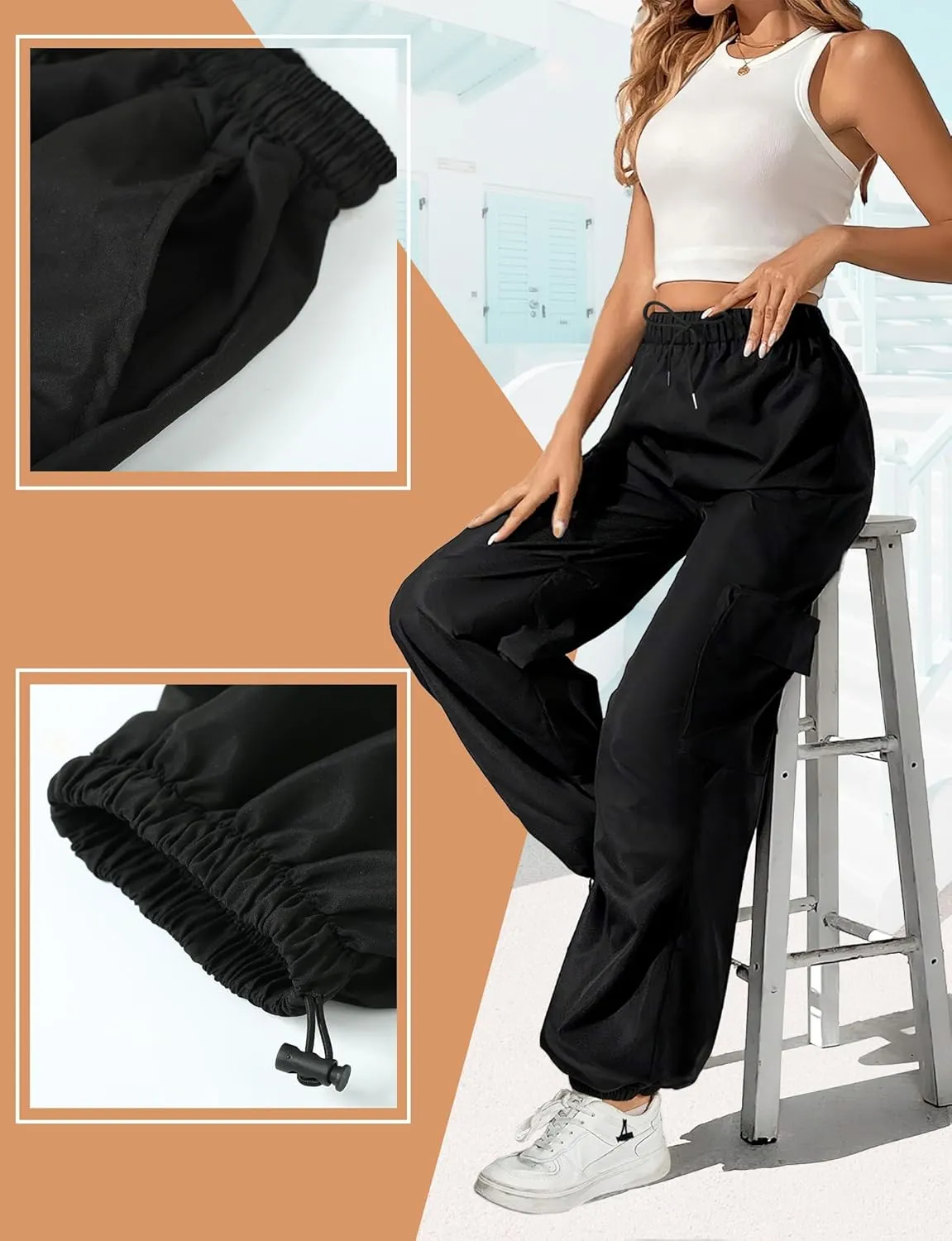 Buauty Womens Cargo Pants, Black Baggy Parachute Pants with Pockets Trendy Cargo Sweatpants Joggers for Women, Y2k Pants