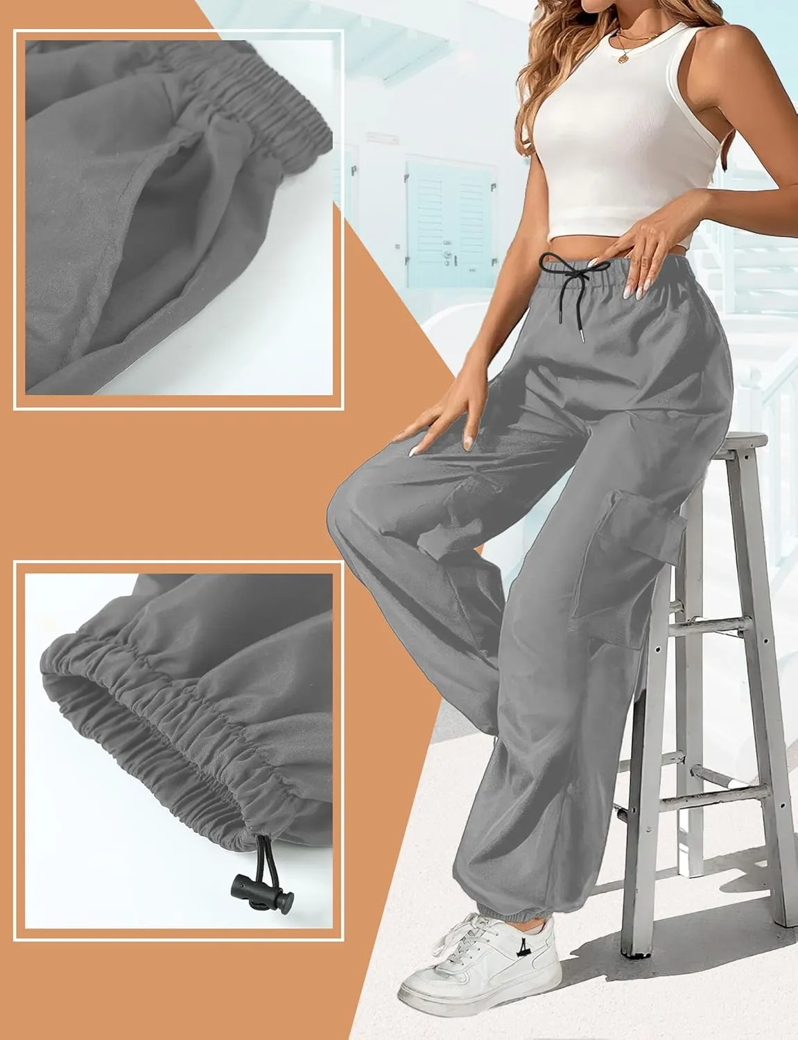 Buauty Womens Cargo Pants, Black Baggy Parachute Pants with Pockets Trendy Cargo Sweatpants Joggers for Women, Y2k Pants