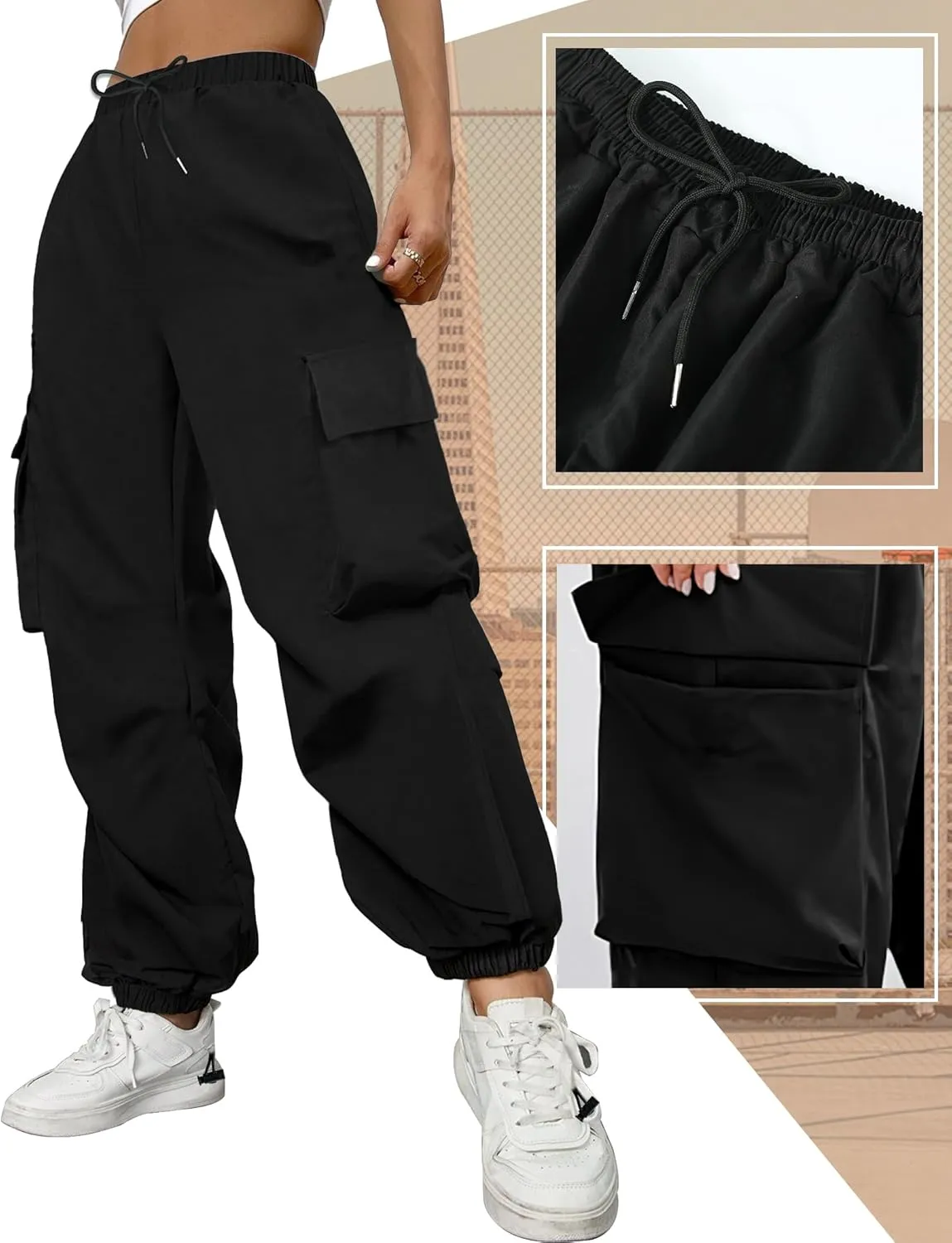 Buauty Womens Cargo Pants, Black Baggy Parachute Pants with Pockets Trendy Cargo Sweatpants Joggers for Women, Y2k Pants