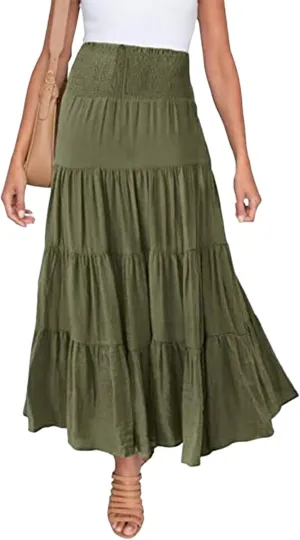 Canbebig Women's Elastic High Waist A Line Long Skirt Layer Ruffle Swing Casual Maxi Skirt Boho Drawstring Summer Basic Skirt