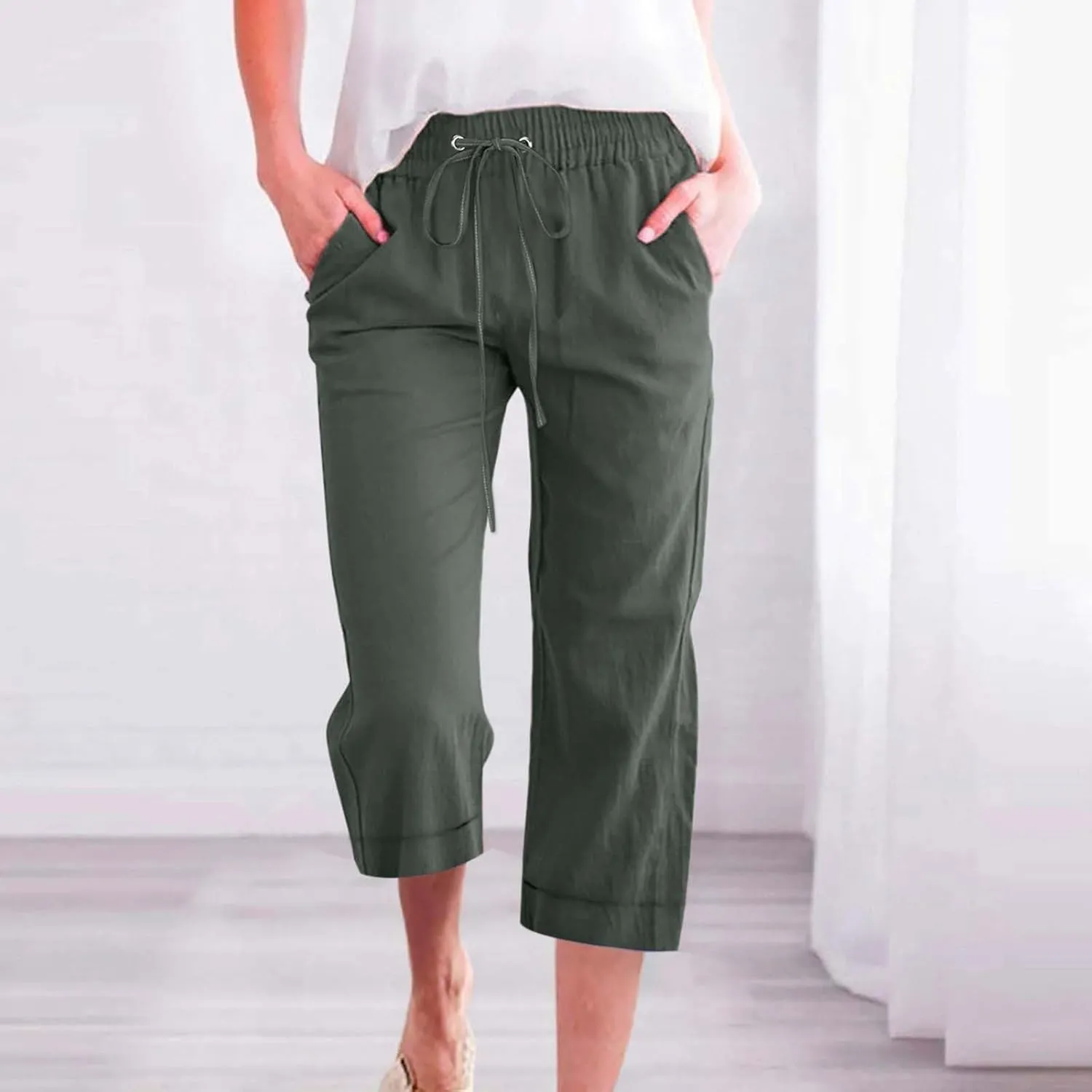 Capri Pants for Women Cotton Linen Casual Summer Pants Plus Size Drawstring Elastic Waist Capris with Pockets