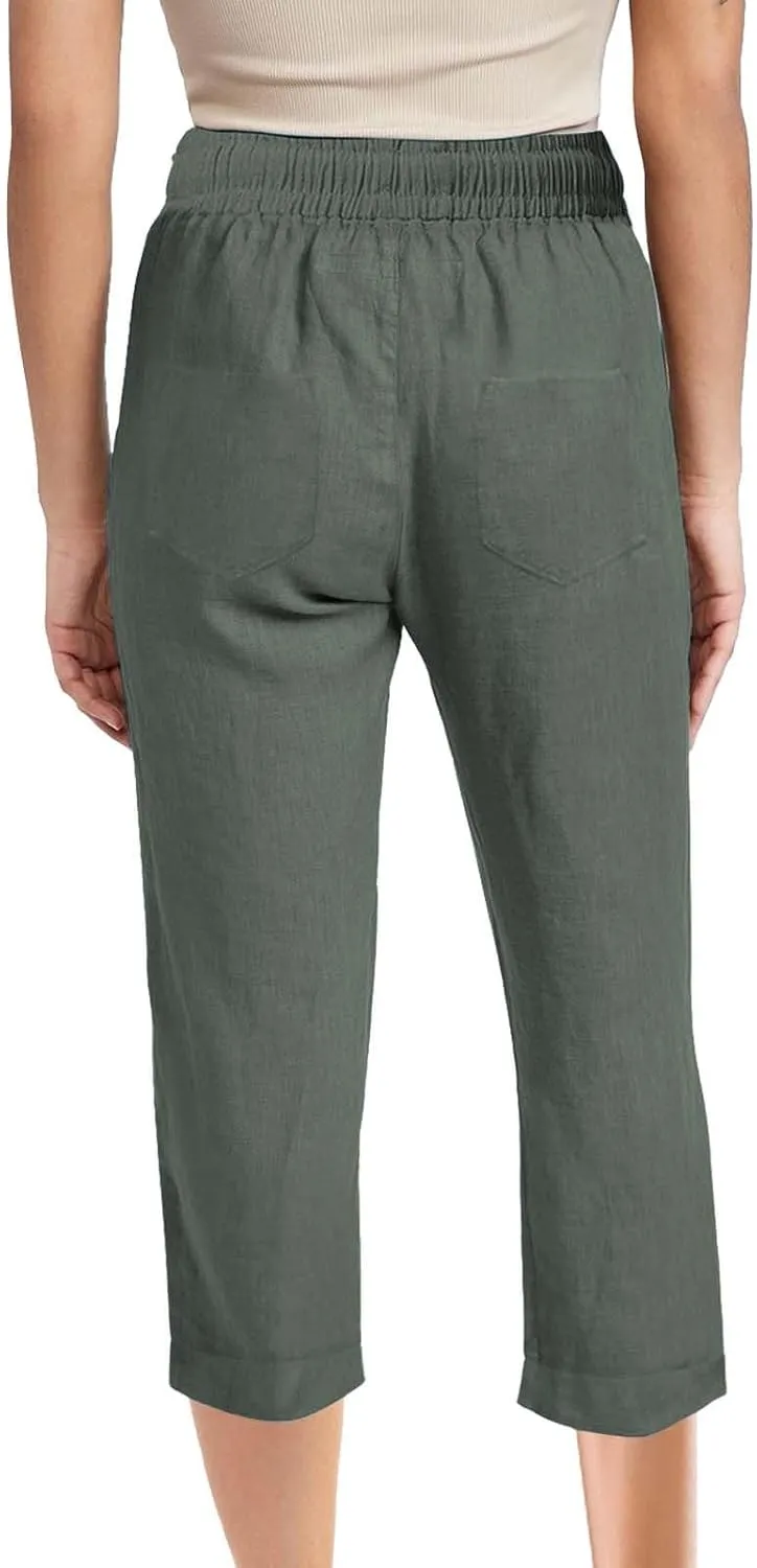 Capri Pants for Women Cotton Linen Casual Summer Pants Plus Size Drawstring Elastic Waist Capris with Pockets