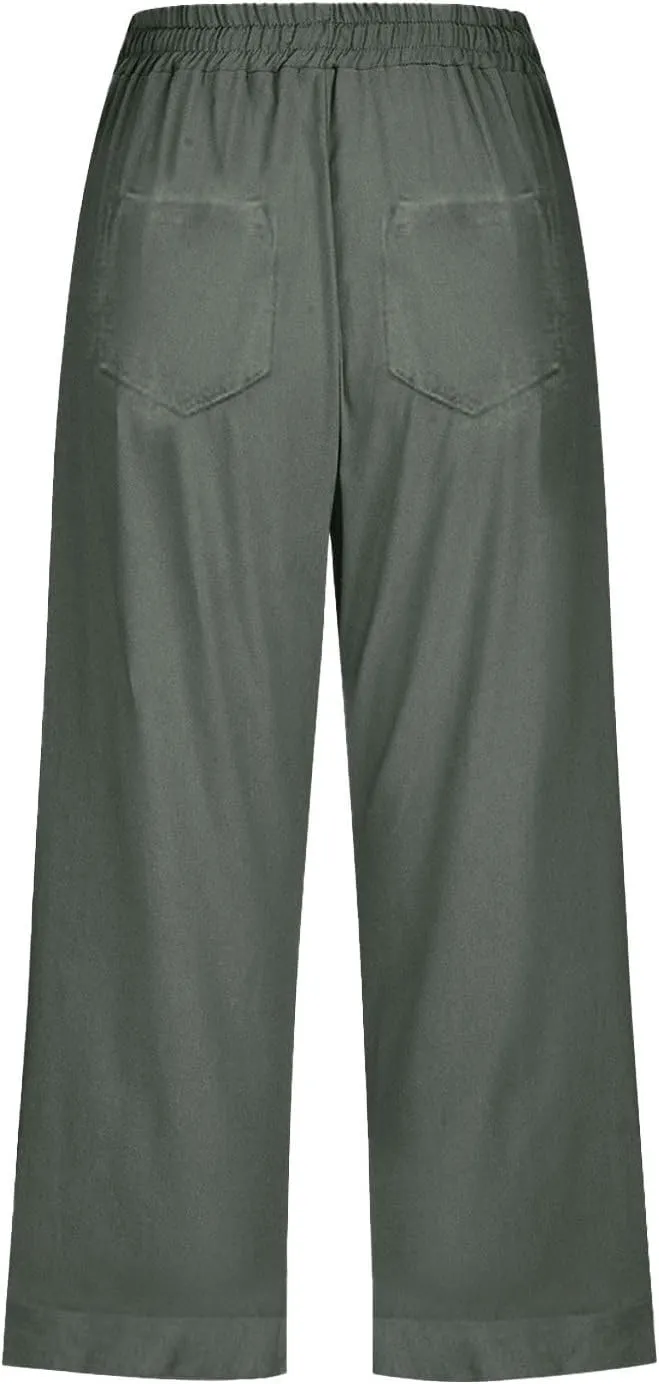 Capri Pants for Women Cotton Linen Casual Summer Pants Plus Size Drawstring Elastic Waist Capris with Pockets