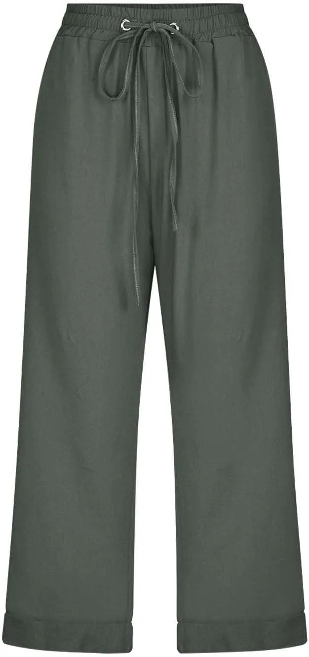Capri Pants for Women Cotton Linen Casual Summer Pants Plus Size Drawstring Elastic Waist Capris with Pockets