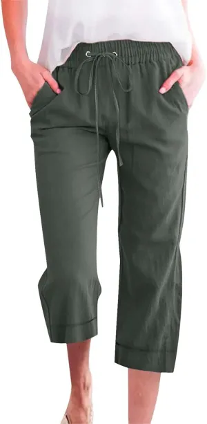 Capri Pants for Women Cotton Linen Casual Summer Pants Plus Size Drawstring Elastic Waist Capris with Pockets