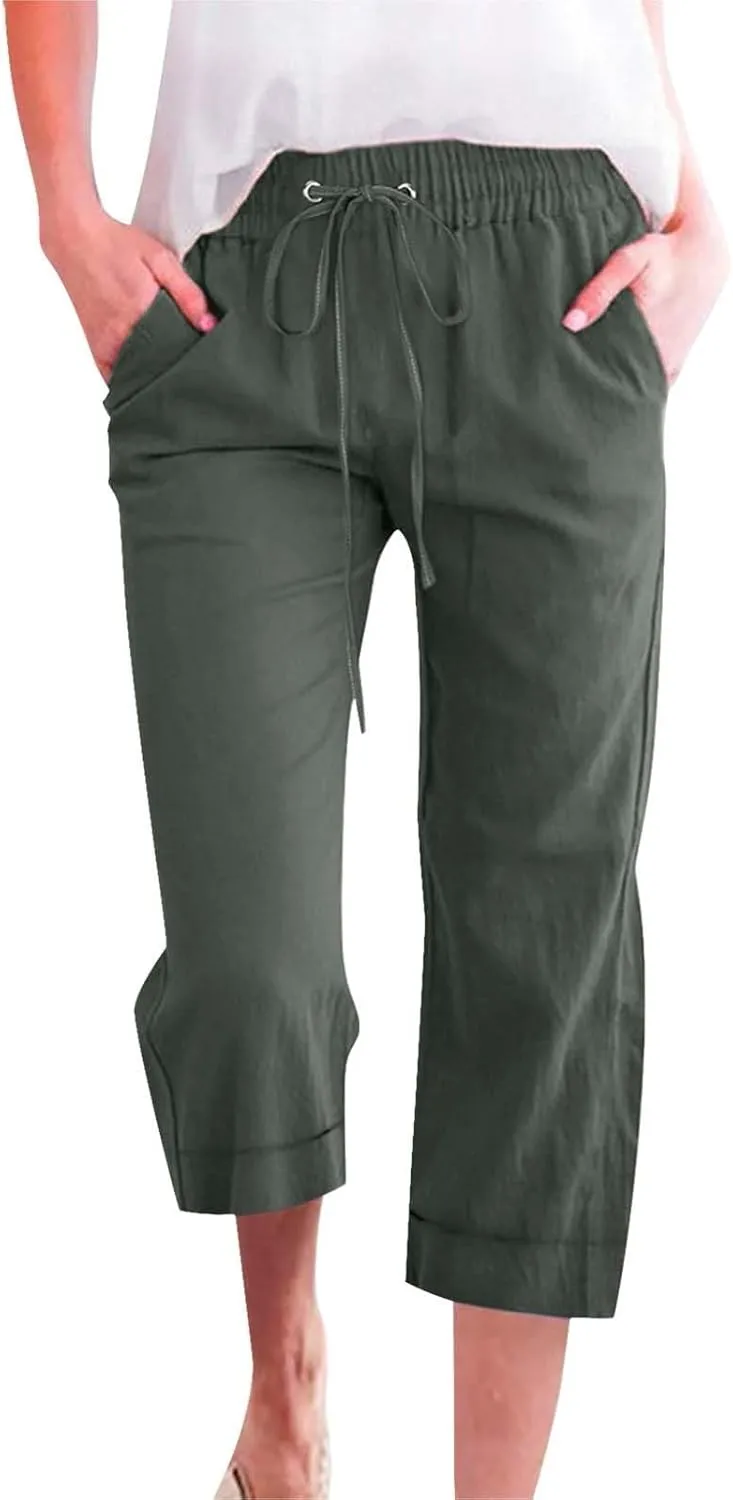 Capri Pants for Women Cotton Linen Casual Summer Pants Plus Size Drawstring Elastic Waist Capris with Pockets