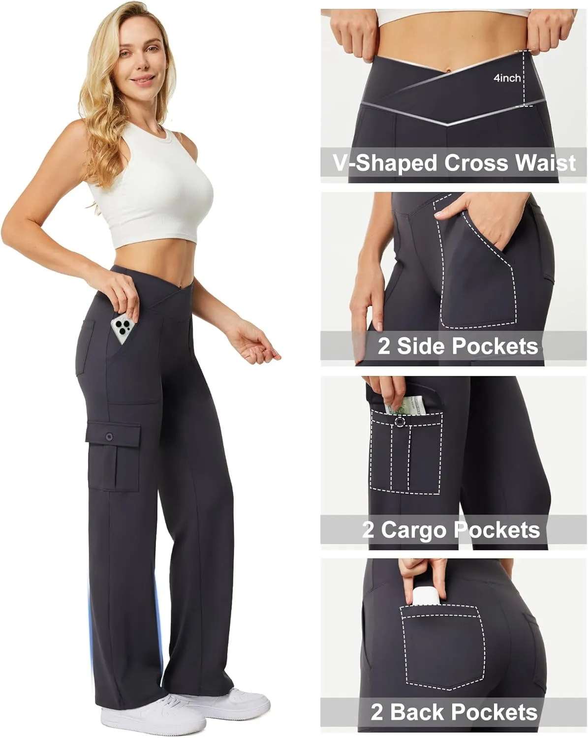 Casei Yoga Pants with Pockets for Women Wide Leg Cargo Pants High Waist Crossover Stretch Work Travel Casual Sweatpants