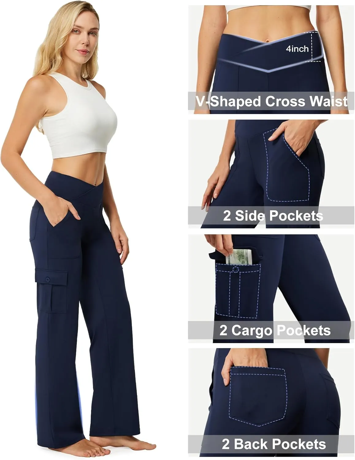 Casei Yoga Pants with Pockets for Women Wide Leg Cargo Pants High Waist Crossover Stretch Work Travel Casual Sweatpants