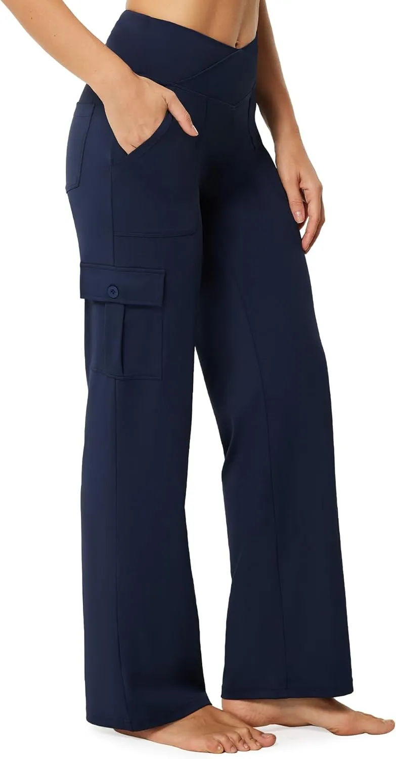 Casei Yoga Pants with Pockets for Women Wide Leg Cargo Pants High Waist Crossover Stretch Work Travel Casual Sweatpants