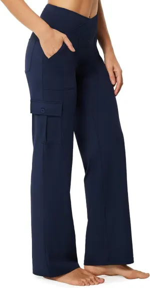 Casei Yoga Pants with Pockets for Women Wide Leg Cargo Pants High Waist Crossover Stretch Work Travel Casual Sweatpants