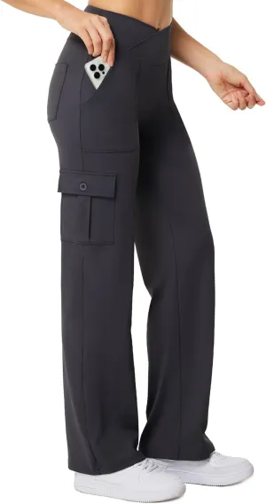 Casei Yoga Pants with Pockets for Women Wide Leg Cargo Pants High Waist Crossover Stretch Work Travel Casual Sweatpants