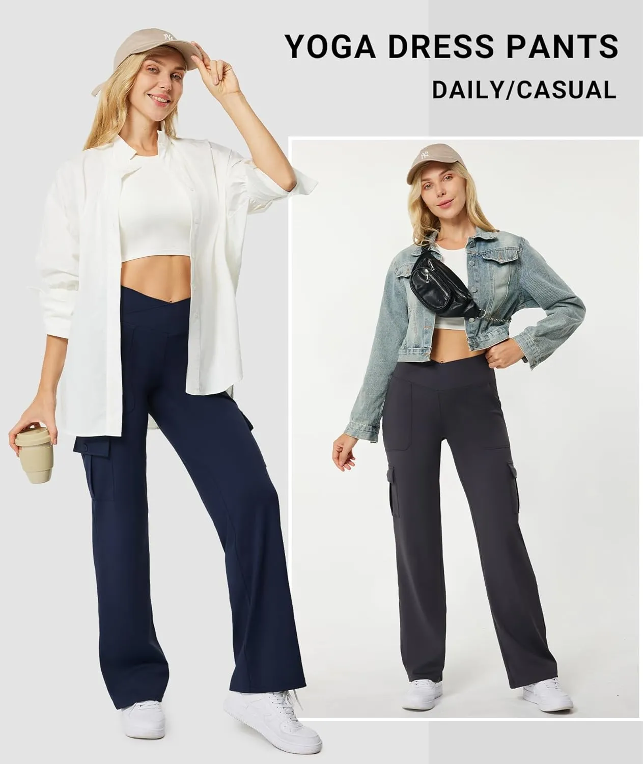 Casei Yoga Pants with Pockets for Women Wide Leg Cargo Pants High Waist Crossover Stretch Work Travel Casual Sweatpants