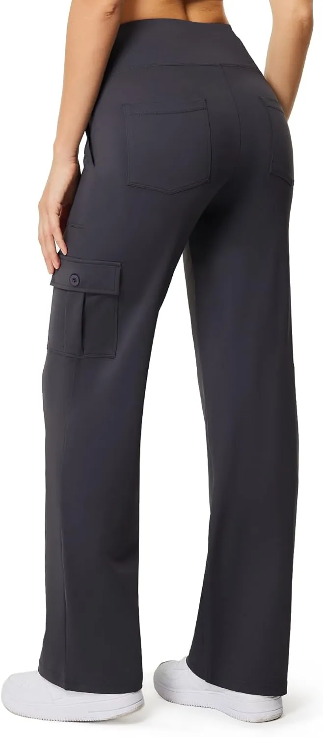 Casei Yoga Pants with Pockets for Women Wide Leg Cargo Pants High Waist Crossover Stretch Work Travel Casual Sweatpants