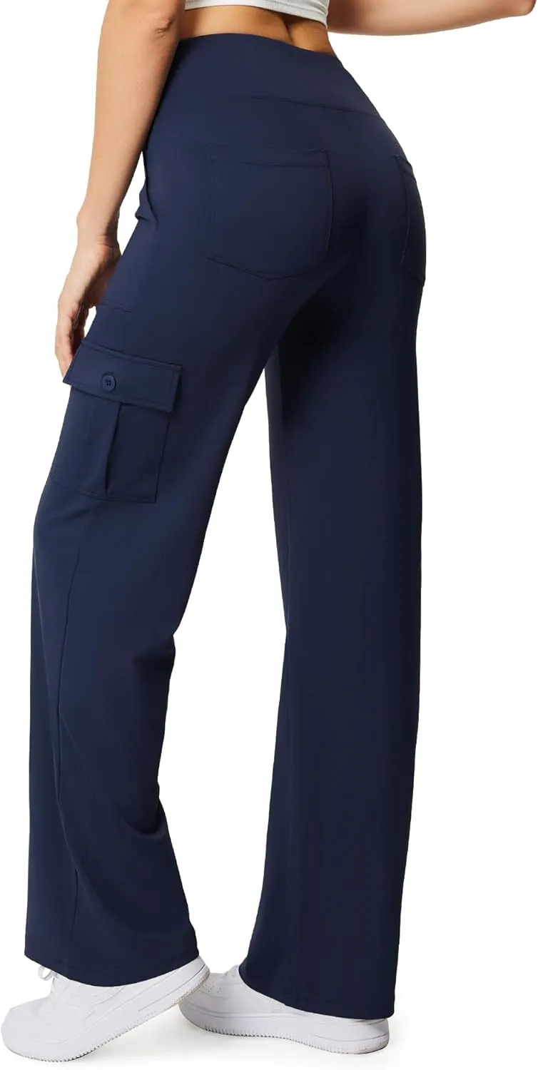 Casei Yoga Pants with Pockets for Women Wide Leg Cargo Pants High Waist Crossover Stretch Work Travel Casual Sweatpants