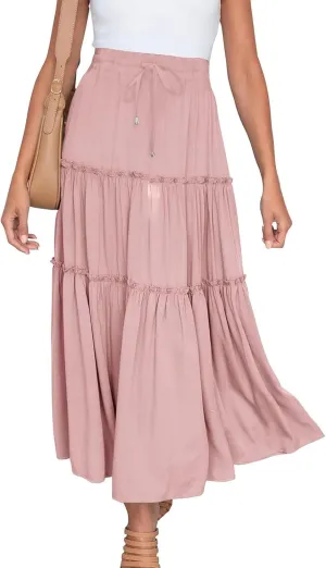 Casual Elastic Waist Summer Boho Skirts for Women Plus Size Stretchy Drawstring Maxi Skirt Layered Ruffle Dress