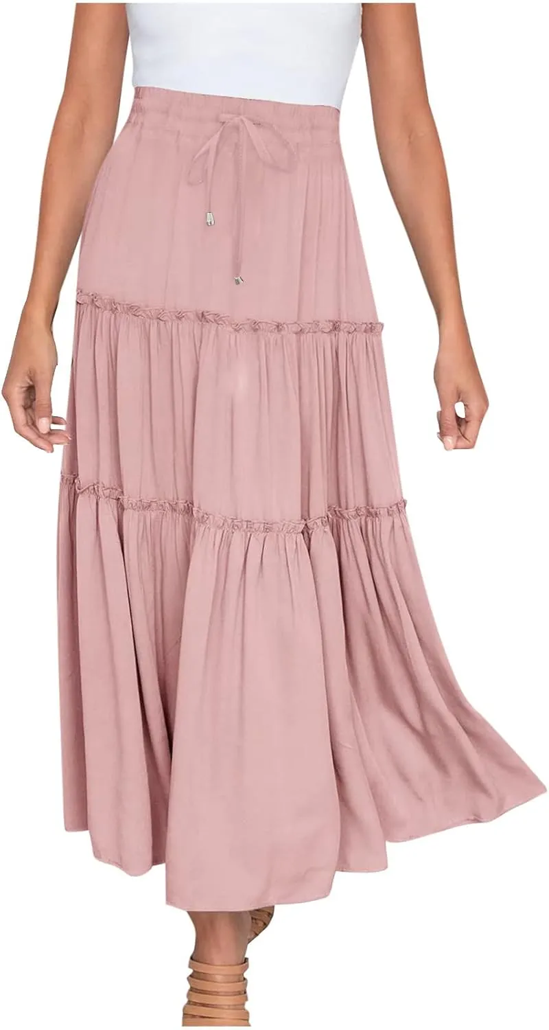 Casual Elastic Waist Summer Boho Skirts for Women Plus Size Stretchy Drawstring Maxi Skirt Layered Ruffle Dress