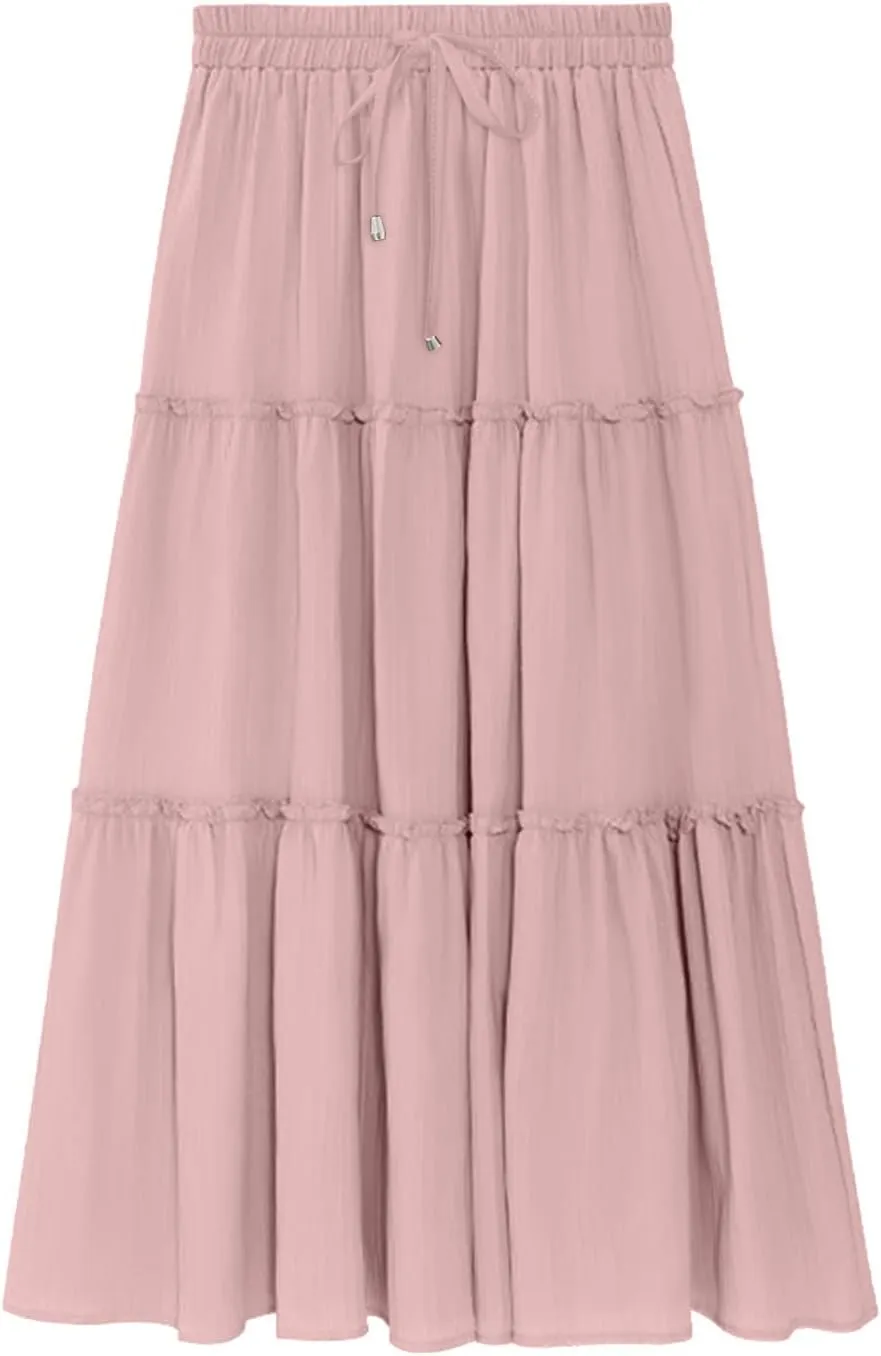 Casual Elastic Waist Summer Boho Skirts for Women Plus Size Stretchy Drawstring Maxi Skirt Layered Ruffle Dress
