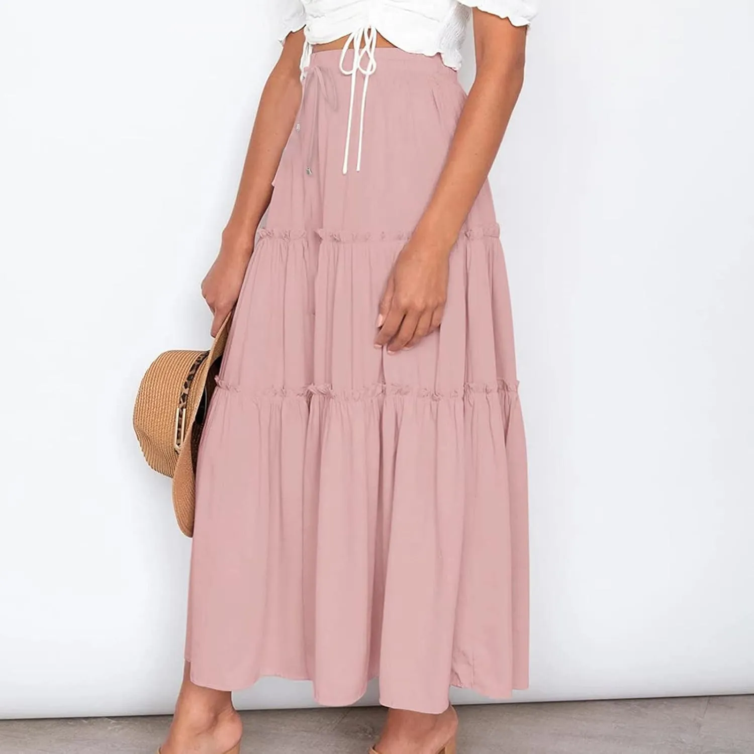 Casual Elastic Waist Summer Boho Skirts for Women Plus Size Stretchy Drawstring Maxi Skirt Layered Ruffle Dress