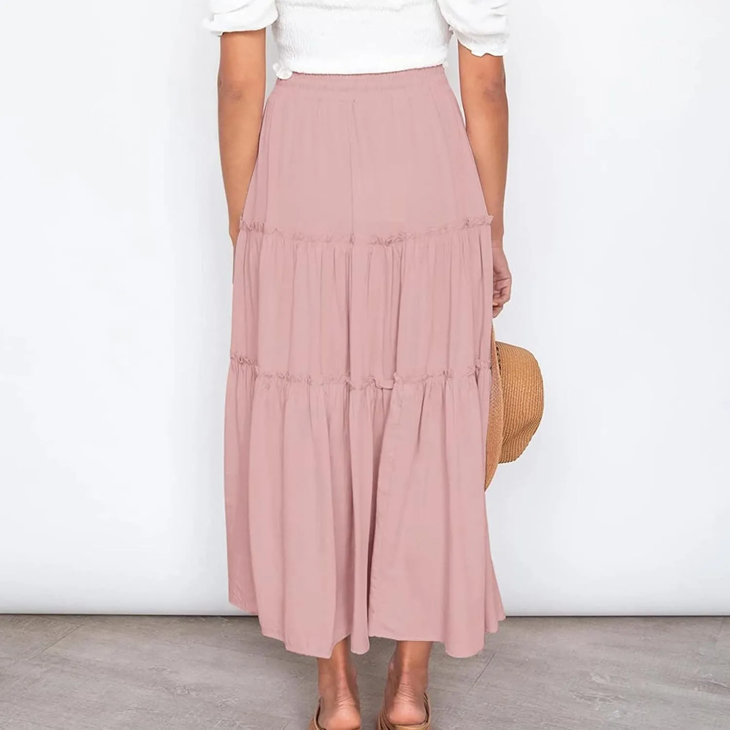 Casual Elastic Waist Summer Boho Skirts for Women Plus Size Stretchy Drawstring Maxi Skirt Layered Ruffle Dress