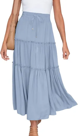 Casual Elastic Waist Summer Boho Skirts for Women Plus Size Stretchy Drawstring Maxi Skirt Layered Ruffle Dress
