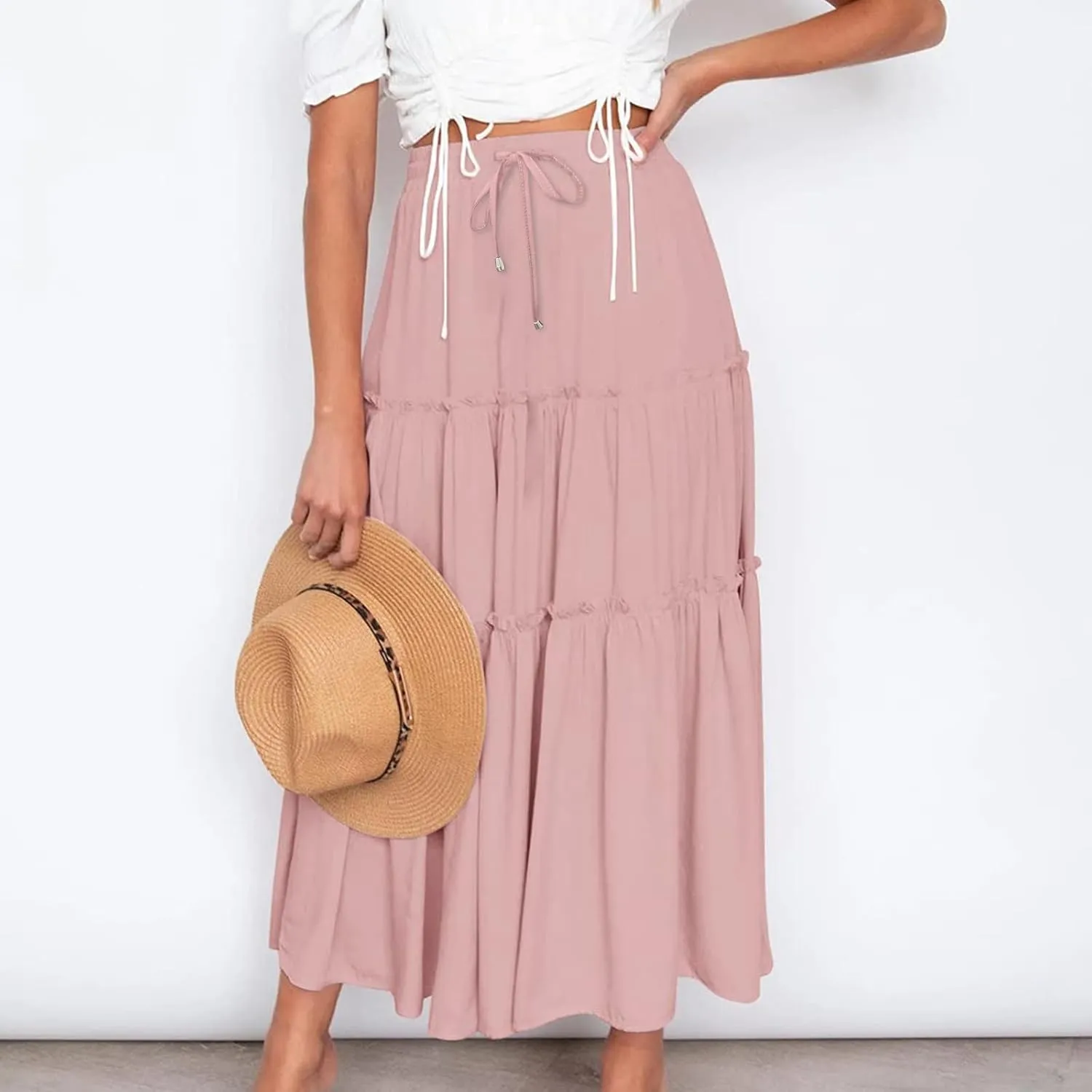 Casual Elastic Waist Summer Boho Skirts for Women Plus Size Stretchy Drawstring Maxi Skirt Layered Ruffle Dress