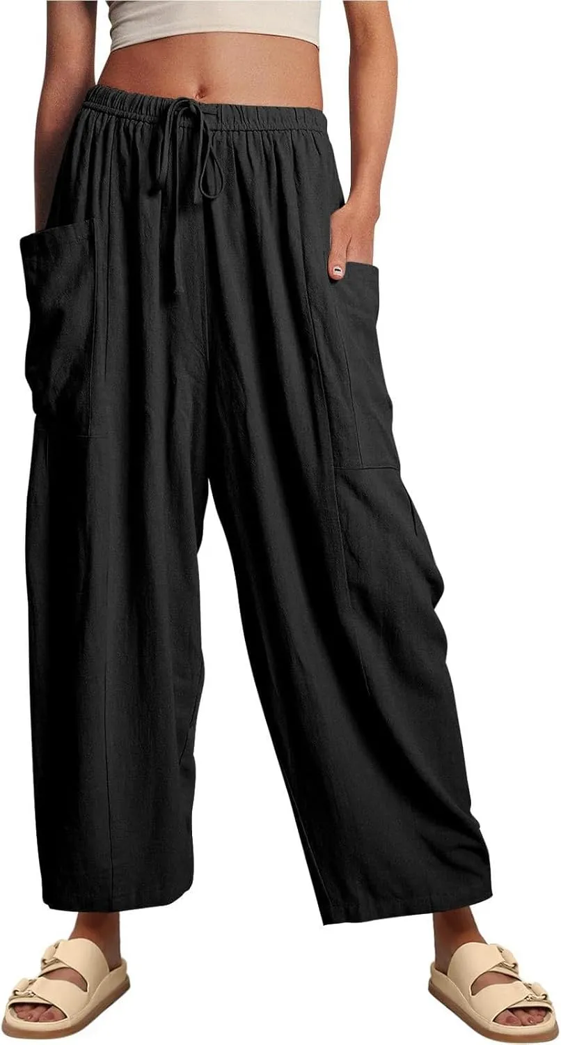 Casual Wide Leg Pants for Women Drawstring Elastic Waist Flowy Loose Pants Long Lounge High Waist Palazzo Pants