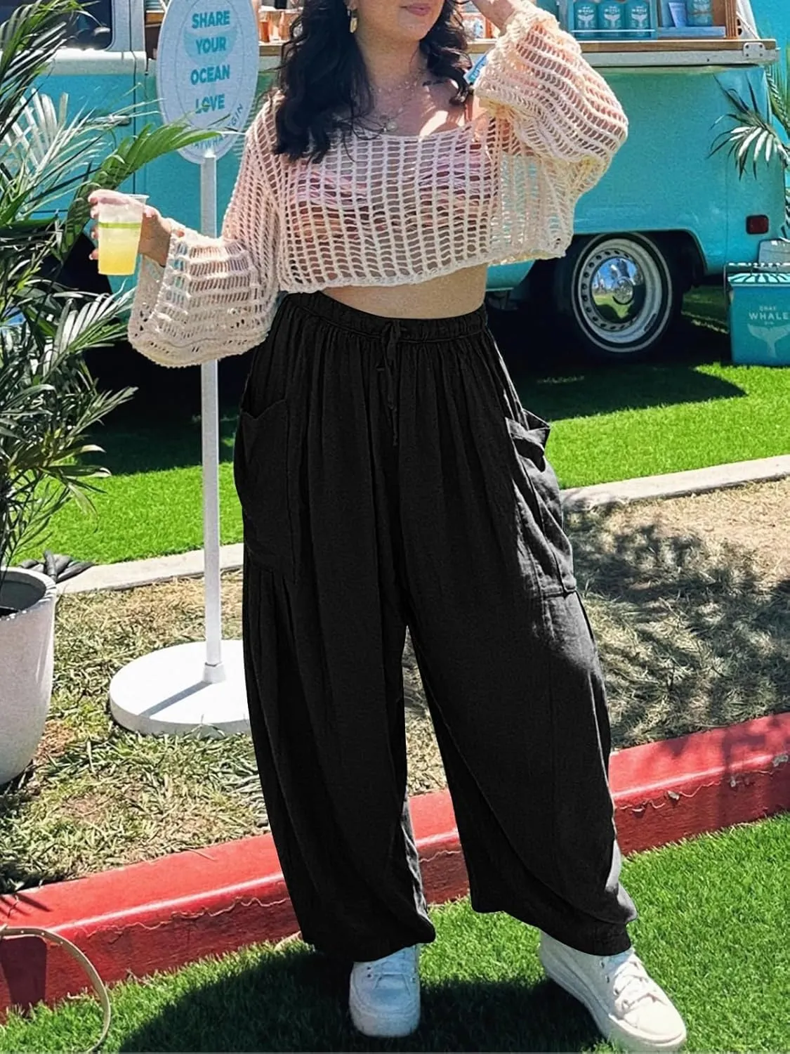 Casual Wide Leg Pants for Women Drawstring Elastic Waist Flowy Loose Pants Long Lounge High Waist Palazzo Pants