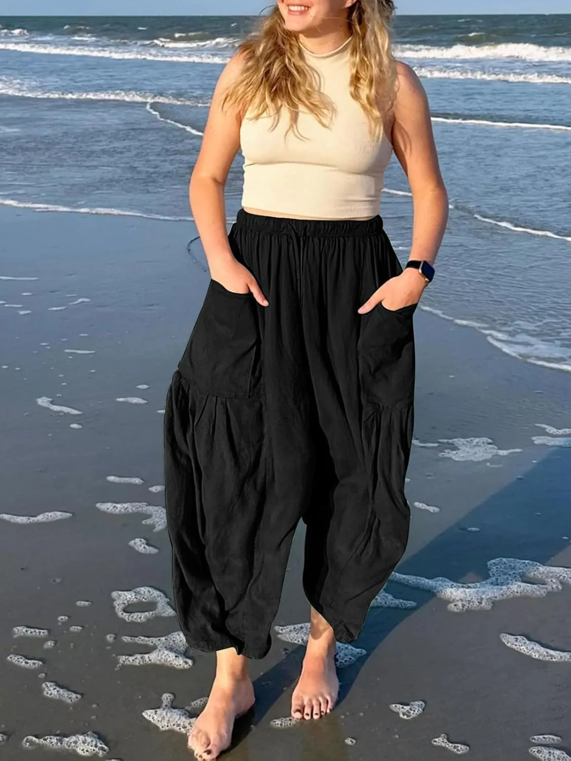 Casual Wide Leg Pants for Women Drawstring Elastic Waist Flowy Loose Pants Long Lounge High Waist Palazzo Pants
