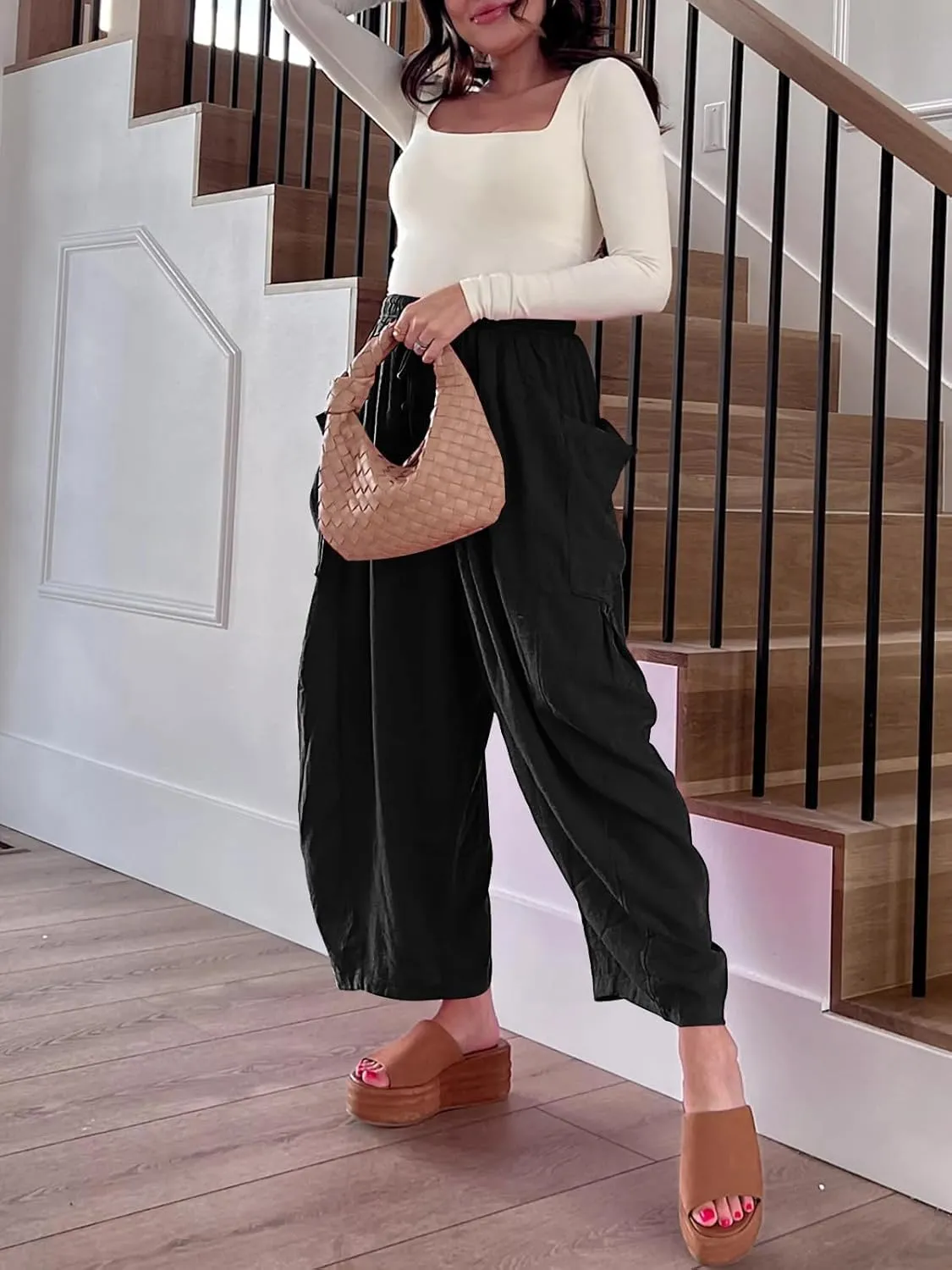 Casual Wide Leg Pants for Women Drawstring Elastic Waist Flowy Loose Pants Long Lounge High Waist Palazzo Pants