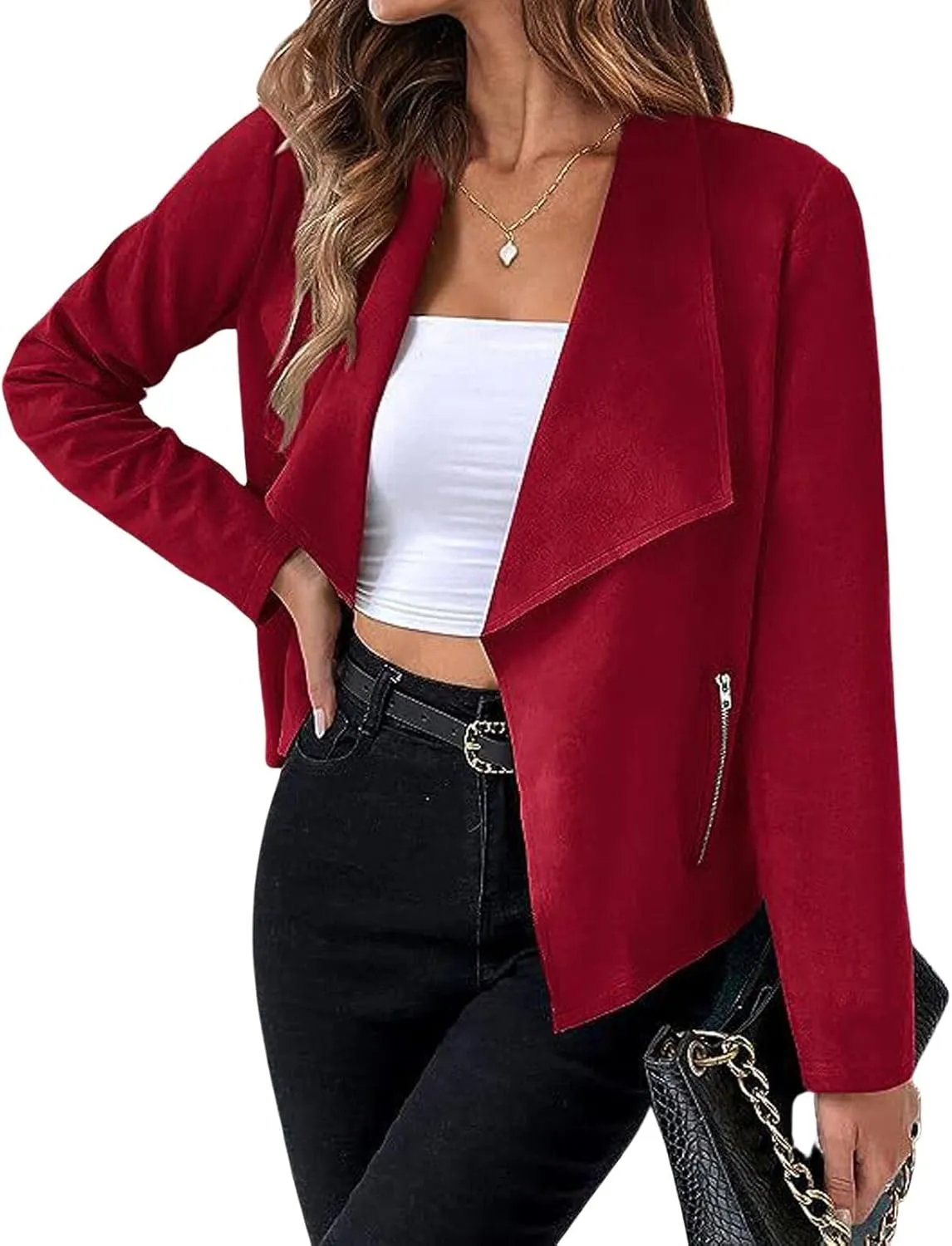 CHARTOU Women Faux Suede Cropped Jacket Moto Leather Jacket Lightweight Fall Jacket Open Front Short Coat