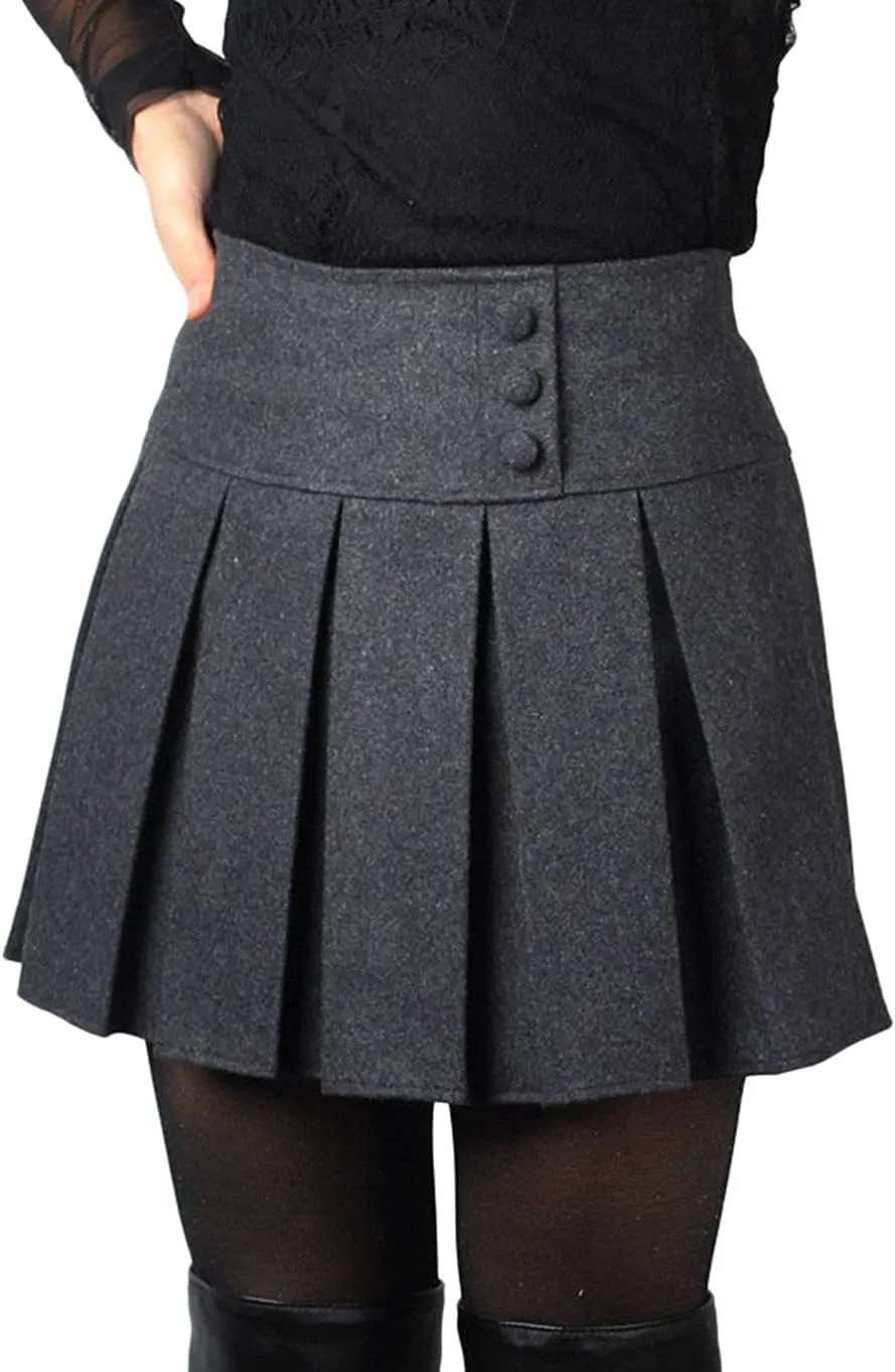 chouyatou Women's Casual Plaid High Waist A-Line Wool Pleated Short Skirt