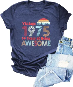Chulianyouhuo 50th Birthday Gift for Women Vintage 1975 T Shirt Funny Letter Print Party Tops Casual Short Sleeve Tees