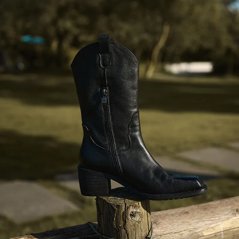 Classic Women's Black Square Toe Mid Calf Western Cowboy Boots for Autumn