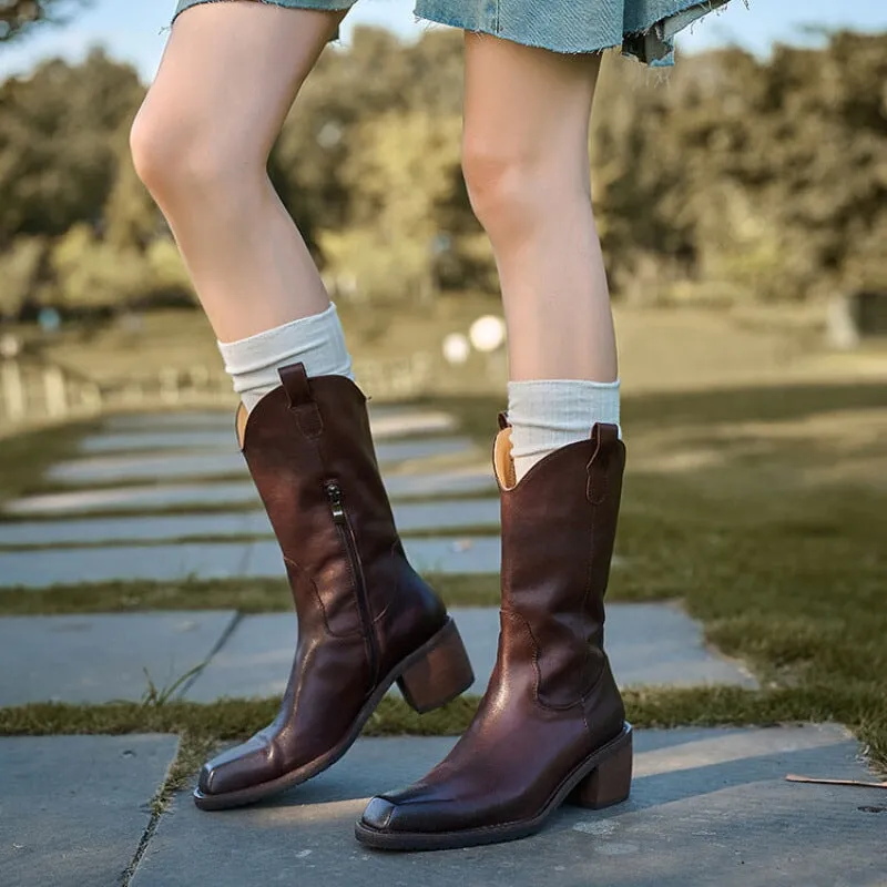 Classic Women's Black Square Toe Mid Calf Western Cowboy Boots for Autumn