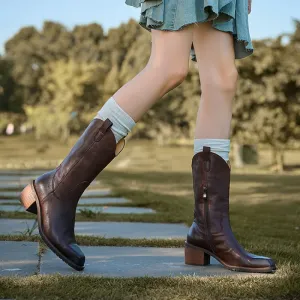 Classic Women's Black Square Toe Mid Calf Western Cowboy Boots for Autumn