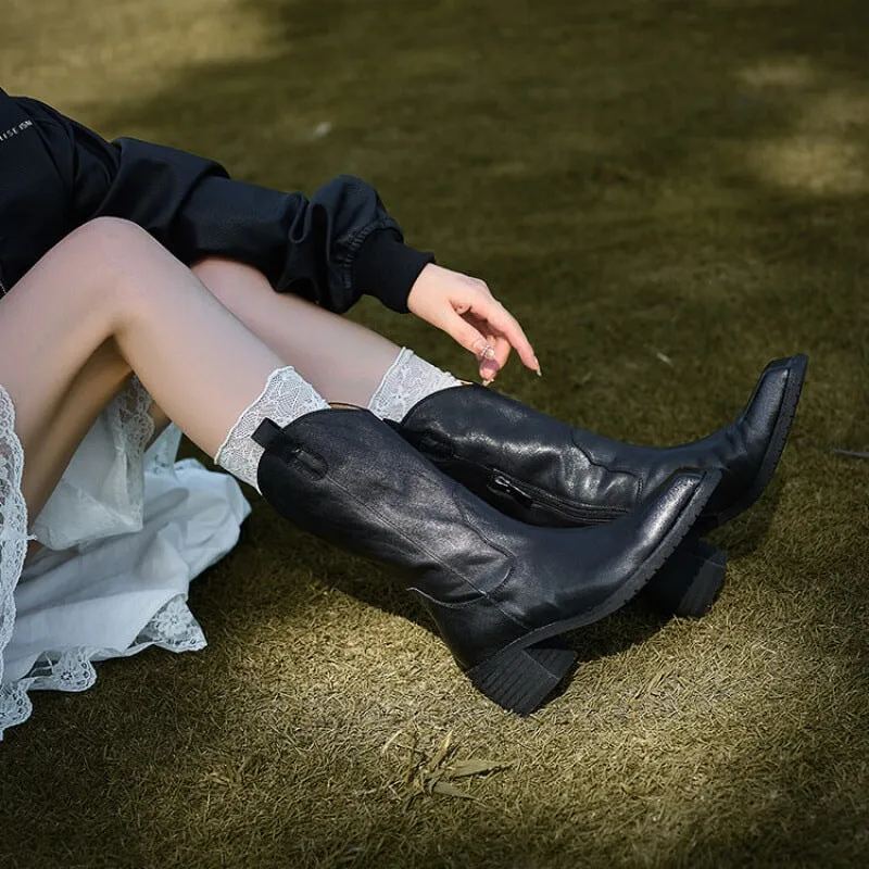 Classic Women's Black Square Toe Mid Calf Western Cowboy Boots for Autumn