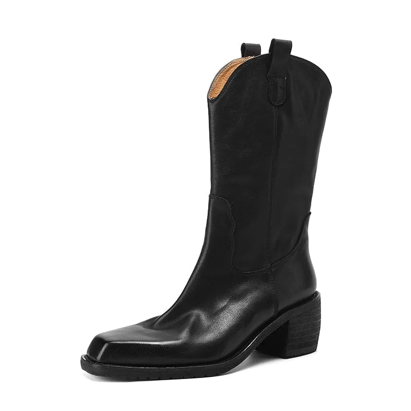 Classic Women's Black Square Toe Mid Calf Western Cowboy Boots for Autumn
