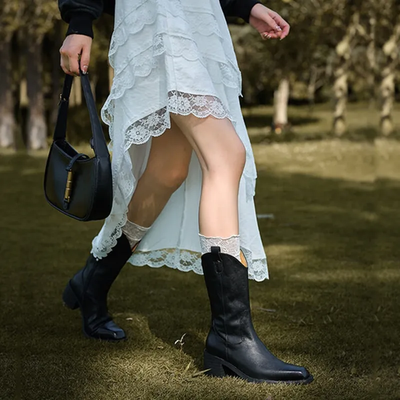 Classic Women's Black Square Toe Mid Calf Western Cowboy Boots for Autumn